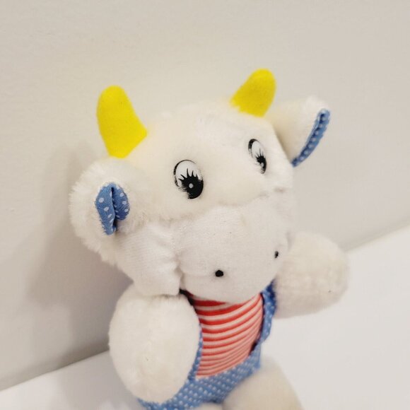 Plush White Cow Toy With Yellow Horns Blue Polka Dotted Overalls & Red Striped - Picture 2 of 4